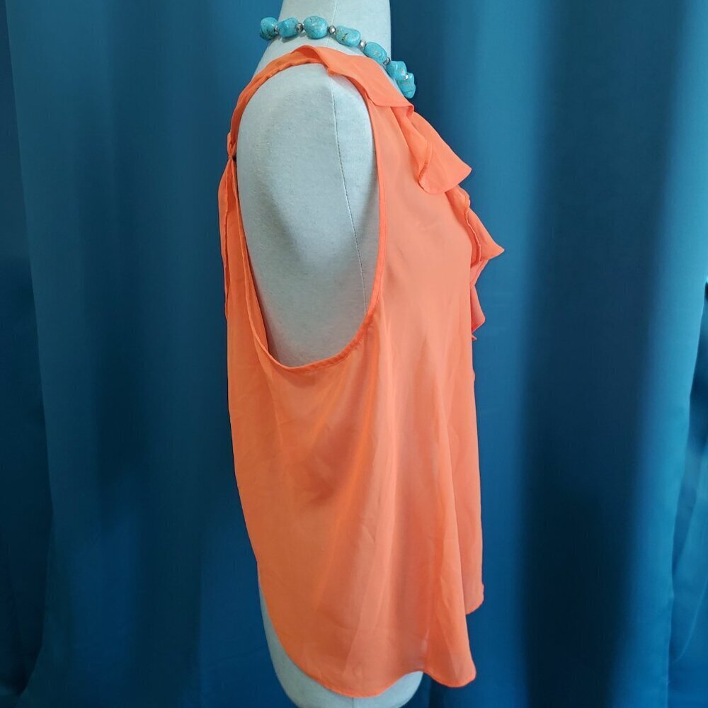 Sleeveless Ruffled V-Neck Sheer Blouse Coral Orange – M - Picture 4 of 7